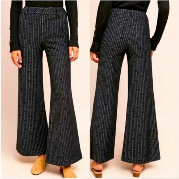 Anthropologie Cartonnier Jaquard Dot Stripe Bell Bottom Flare Pants Trousers 28 - Picture 1 of 16